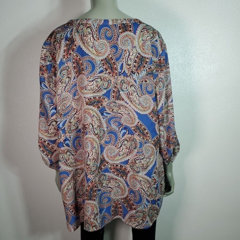 Faded Glory Top Plus Size 3X 22/24W Paisley Lace Up Tab Sleeve Lightweight Blue - Picture 4 of 5
